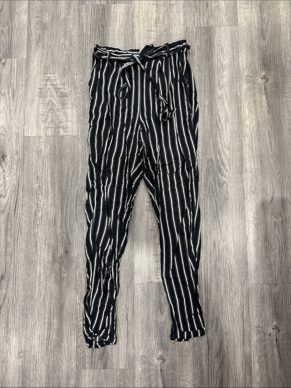 Suzy Shier Black and White Vertical Stripe Tie-Waist Chinos